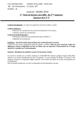 Première page de SVT 4e, 4e ML — 1er devoir surveillé, 2e semestre (2018-2019) · CEG Banikanni
