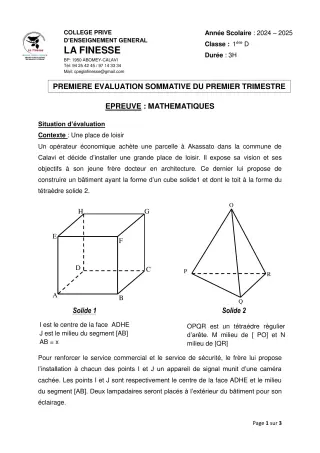 Première page de Mathématiques 1ère D — 1re évaluation sommative, 1er trimestre (2024-2025) · CPEG La Finesse