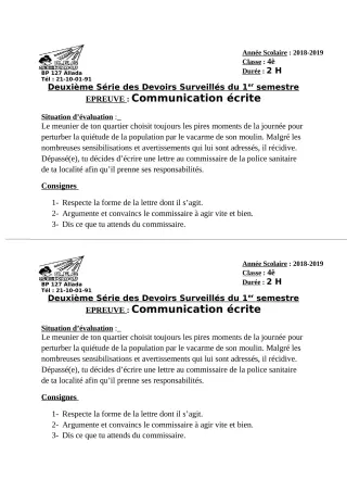 Première page de Français 4e — 2e devoir surveillé, 1er semestre (2018-2019) · CEG Sékou