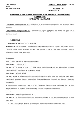 Première page de Anglais 3e, 3e ML — 1er devoir surveillé, 1er semestre (2020-2021) · CEG PAHOU