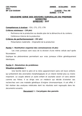 Première page de SVT Tle A2, Tle B — 2e devoir surveillé, 1er semestre (2020-2021) · CEG PAHOU