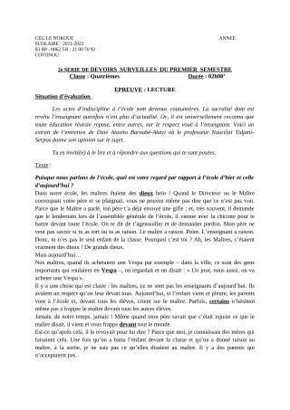 Première page de Français 4e — 2e devoir surveillé, 1er semestre (2021-2022) · CEG LE NOKOUE