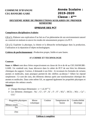 Première page de PCT 4e — 2e production scolaire, 1er semestre (2019-2020) · CEG Banigbégare