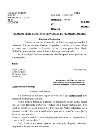 Première page de Français 4e, 4e ML — 1er devoir surveillé, 1er semestre (2020-2021) · CEG Kouhounou-Vêdoko