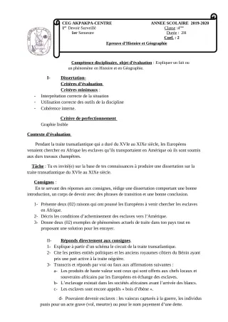 Première page de Histoire-Géographie 4e, 4e ML — 1er devoir surveillé, 1er semestre (2019-2020) · CEG 1 Akpakpa-Centre