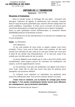 Première page de Français 5e — Devoir surveillé, 1er trimestre (2019-2020) · CEPG La Prunelle de Dieu