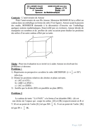 Première page de Mathématiques 2nde D — 1er devoir surveillé, 1er semestre (2023-2024) · CEG2 ABOMEY - CALAVI (CEG ZOCA)
