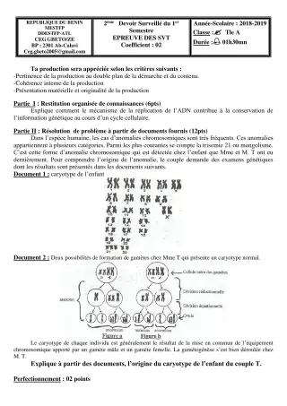 Première page de SVT Tle A2 — 2e devoir surveillé, 1er semestre (2018-2019) · CEG Gbéto/ze