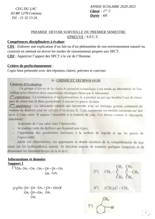 Première page de PCT 1ère C — 1er devoir surveillé, 1er semestre (2020-2021) · CEG du Lac