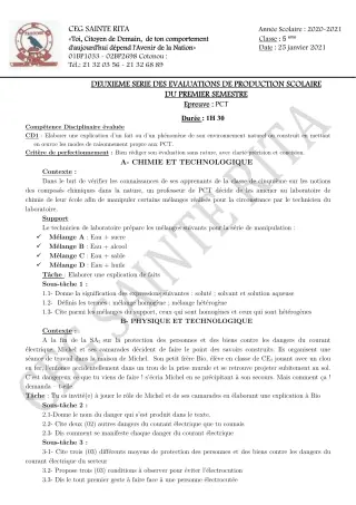 Première page de PCT 5e — Production scolaire, 1er semestre (2020-2021) · CEG Sainte Rita