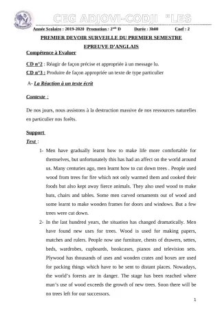 Première page de Anglais 2nde D — 1er devoir surveillé, 1er semestre (2019-2020) · CEG ADJOVICODJI 'LES OLIVIERS'