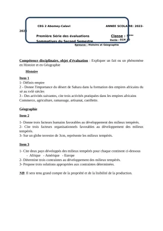 Première page de Histoire-Géographie 5e — 1re évaluation sommative, 2e semestre (2022-2023) · CEG2 ABOMEY - CALAVI (CEG ZOCA)