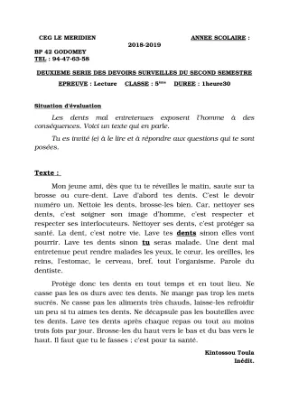 Première page de Français 5e — 2e devoir surveillé, 2e semestre (2018-2019) · CEG Le Méridien