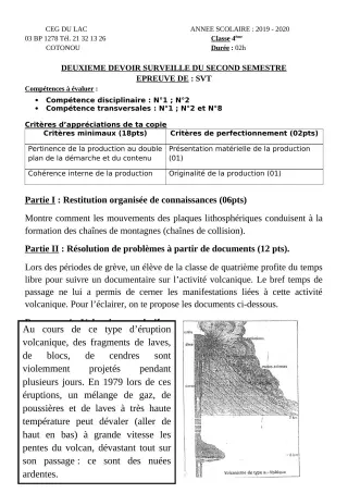 Première page de SVT 4e ML — 2e devoir surveillé, 2e semestre (2019-2020) · CEG du Lac