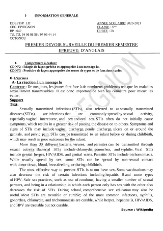 Première page de Anglais 3e, 3e ML — 1er devoir surveillé, 1er semestre (2020-2021) · CEG FIYEGNON