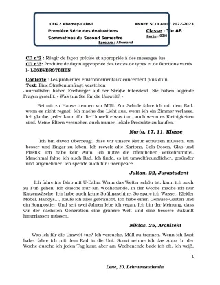 Première page de Allemand Tle A2 — 1re évaluation sommative, 2e semestre (2022-2023) · CEG2 ABOMEY - CALAVI (CEG ZOCA)