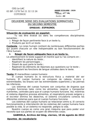 Première page de Espagnol 4e — 2e évaluation sommative, 2e semestre (2020-2021) · CEG du Lac
