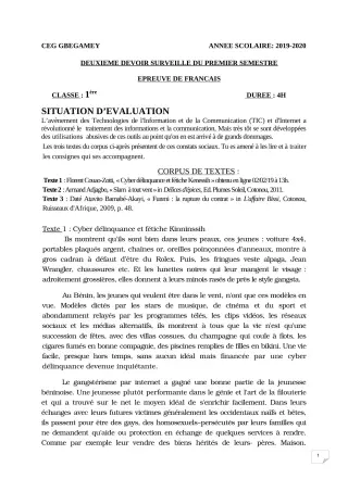 Première page de Français 1ère A, 1ère B, 1ère C, 1ère D — 2e devoir surveillé, 1er semestre (2019-2020) · CEG GBEGAMEY
