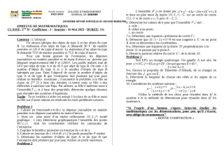 Première page de Mathématiques 2nde D — 2e devoir surveillé, 2e semestre (2022-2023) · CEG SEKERE
