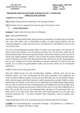 Première page de Allemand 1ère A2, 1ère B — 1er devoir surveillé, 1er semestre (2020-2021) · CEG du Lac