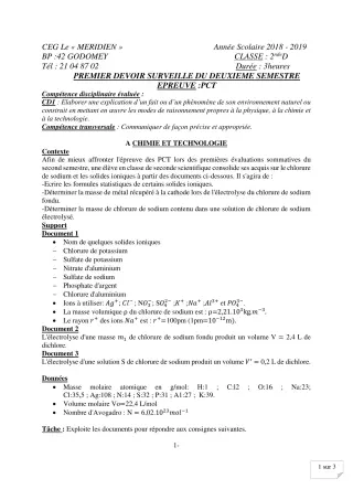 Première page de PCT 2nde D — 1er devoir surveillé, 2e semestre (2018-2019) · CEG Le Méridien