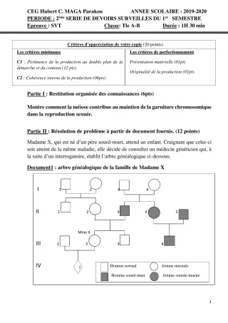 Première page de SVT Tle A1, Tle A2, Tle B — 2e devoir surveillé, 1er semestre (2020-2021) · CEG FIYEGNON