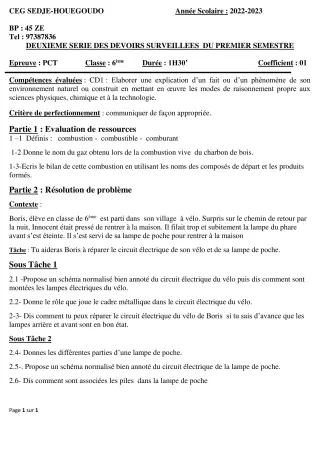 Première page de PCT 6e — 2e devoir surveillé, 1er semestre (2022-2023) · CEG Sèdjè-Houègoudo