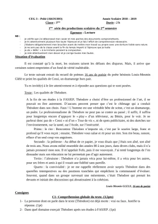 Première page de Français 3e, 3e ML — 1re production scolaire, 2e semestre (2018-2019) · CEG3 Pobè (Akouho)