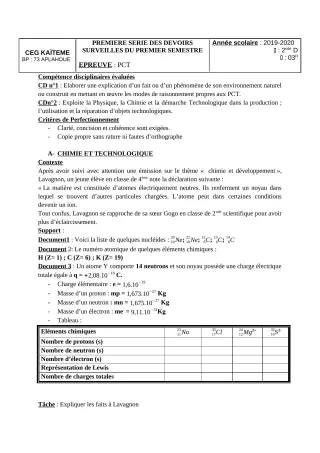 Première page de PCT 2nde D — 1er devoir surveillé, 1er semestre (2019-2020) · CEG Kaïtèmè
