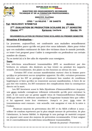 Première page de Français 4e — Production scolaire, 1er semestre (2023-2024) · CPEG LA RELEVE