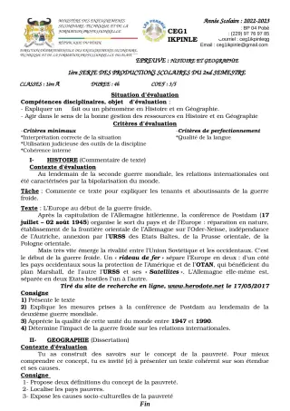 Première page de Histoire-Géographie 1ère A — 1re production scolaire, 2e semestre (2022-2023) · CEG1 Ikpinlè