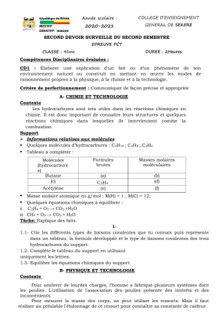 Première page de PCT 4e — 2e devoir surveillé, 2e semestre (2020-2021) · CEG SEKERE