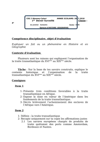 Première page de Histoire-Géographie 4e, 4e ML — 1er devoir surveillé (2018-2019) · CEG2 ABOMEY - CALAVI (CEG ZOCA)