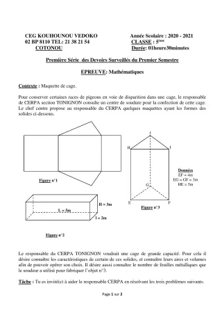 Première page de Mathématiques 5e — 1er devoir surveillé, 1er semestre (2020-2021) · CEG Kouhounou-Vêdoko