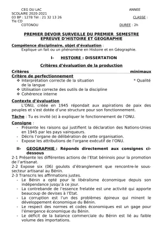 Première page de Histoire-Géographie Tle C, Tle D — 1er devoir surveillé, 1er semestre (2020-2021) · CEG du Lac