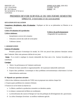Première page de Histoire-Géographie Tle C, Tle D — 1er devoir surveillé, 2e semestre (2020-2021) · CEG FIYEGNON