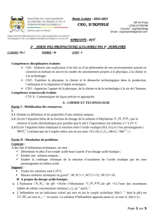 Première page de PCT Tle C — 2e production scolaire, 1er semestre (2022-2023) · CEG1 Ikpinlè