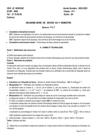 Première page de PCT 3e, 3e ML — 2e devoir surveillé, 1er semestre (2022-2023) · CEG LE NOKOUE