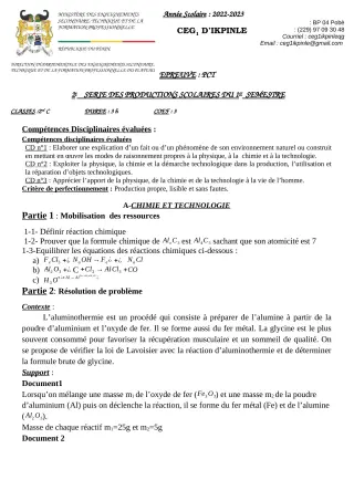 Première page de PCT 2nde C — 2e production scolaire, 1er semestre (2022-2023) · CEG1 Ikpinlè