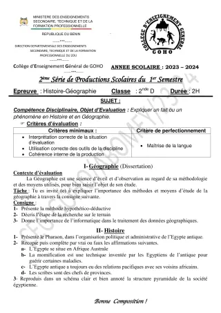Première page de Histoire-Géographie 2nde D — 2e production scolaire, 1er semestre (2023-2024) · CEG GOHO