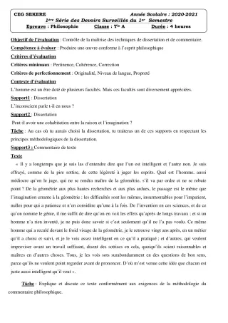 Première page de Philosophie Tle A2 — 1er devoir surveillé (2020-2021) · CEG SEKERE