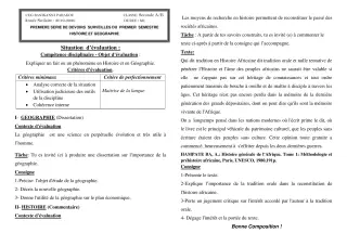 Première page de Histoire-Géographie 2nde A2, 2nde B — 1er devoir surveillé, 1er semestre (2019-2020) · CEG Banikanni