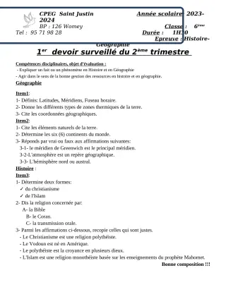 Première page de Histoire-Géographie 6e, 2nde A2, 2nde B, 2nde C, 2nde D — 1er devoir surveillé, 2e trimestre (2023-2024) · CPEG SAINT Justin