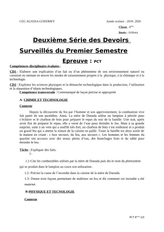 Première page de PCT 6e — 2e devoir surveillé, 1er semestre (2019-2020) · CEG Agassa Godomey