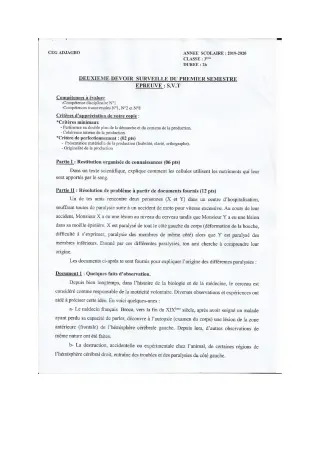 Première page de SVT 3e, 3e ML — 2e devoir surveillé, 1er semestre (2019-2020) · CEG ADJAGBO