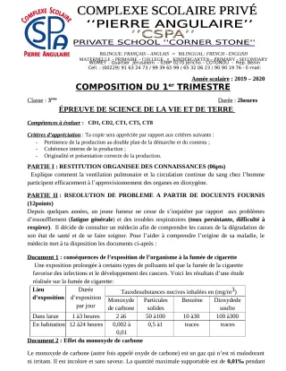 Première page de SVT 3e, 3e ML — Composition (2019-2020) · CPEG PIERRE ANGULAIRE