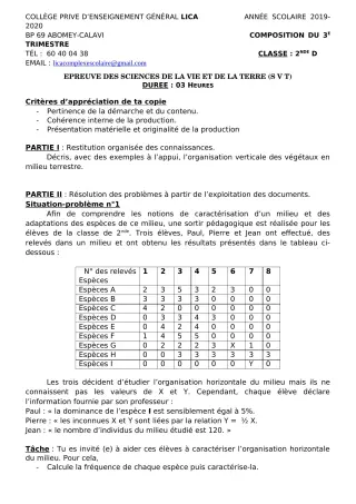 Première page de SVT 2nde C, 2nde D — Composition, 1er trimestre (2019-2020) · CPEG LICA