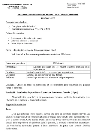 Première page de SVT 6e, 5e, 4e — 2e devoir surveillé, 2e semestre (2019-2020) · CEG Tori-Bossito Centre