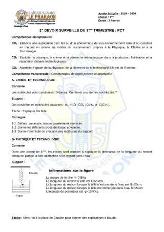 Première page de PCT 4e — 1er devoir surveillé, 3e trimestre (2019-2020) · CPEG LE PHARAON