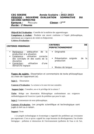 Première page de Philosophie 1ère D — 2e évaluation sommative, 2e semestre (2022-2023) · CEG SEKERE